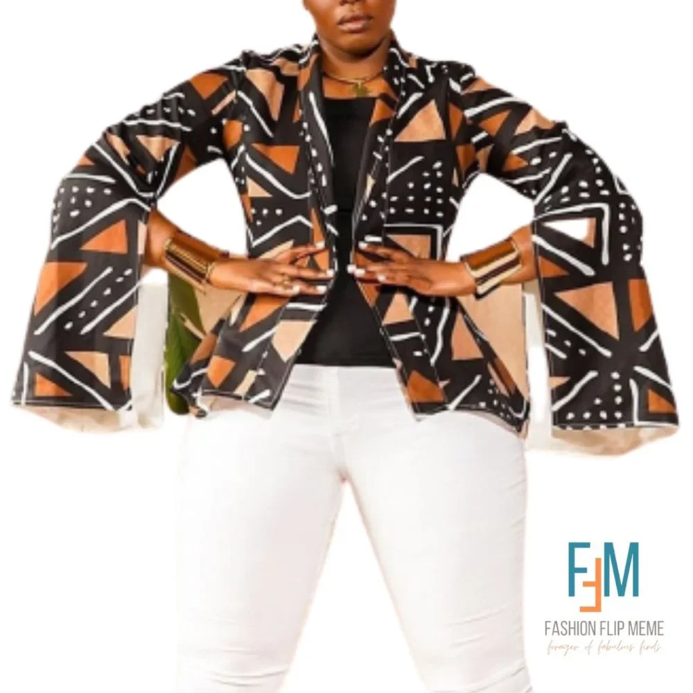 Black & Brown Split-Sleeve Geometric Tribal Print Open Front Jacket 5X / 20 NWOT